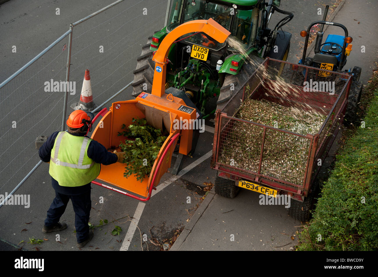 ein Mann arbeitet Schreddern Bäume, Baum, Schreddern, UK Stockfoto