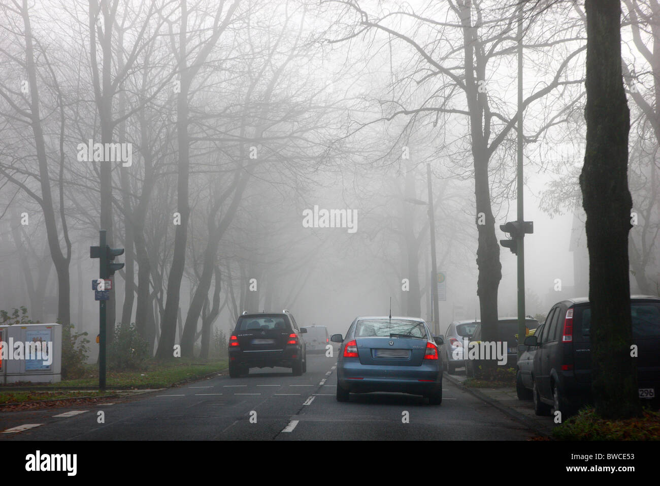 Herbst, dicker Nebel, schlechter Sicht auf einer Straße. Essen, Deutschland. Stockfoto