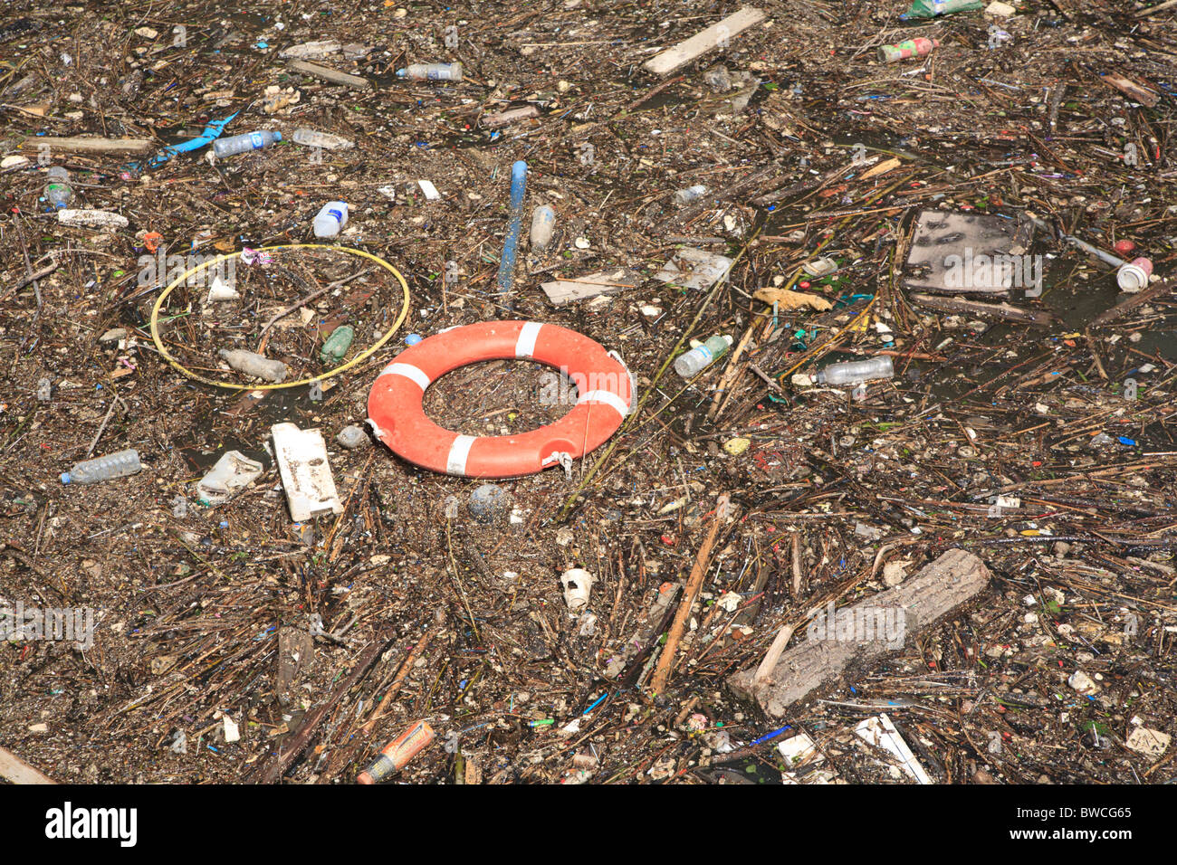Treibgut und allgemeinen Müll in der Nähe von Butlers Wharf auf dem Fluss Themse London schweben Stockfoto