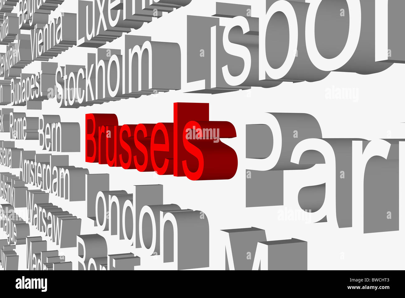 Bild zeigt die Namen der europäischen Hauptstädten als 3D Untertitel Stockfoto