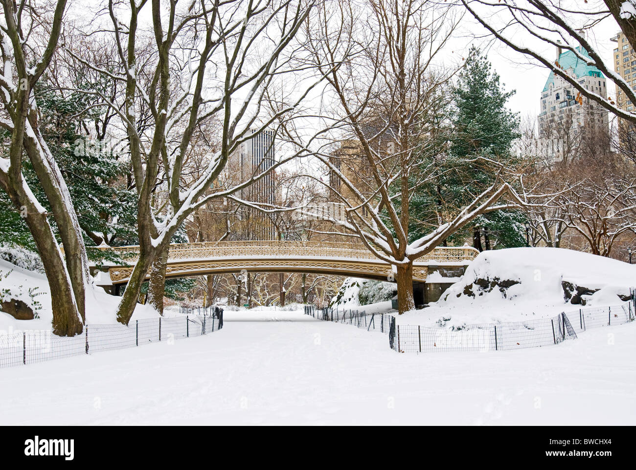 Heitere Brücke im Winter Schnee, Central Park, New York City. Stockfoto