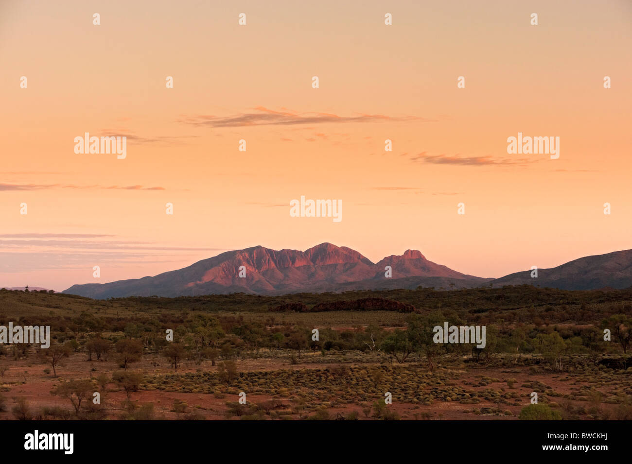 Mount Sonder oder Rwetyepme, West MacDonnell Ranges bei Sonnenaufgang. Northern Territory, Australien Stockfoto