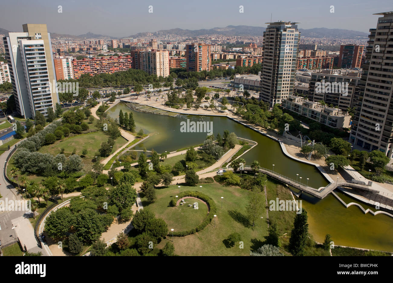 Luftaufnahme des Parc Diagonal Mar, Barcelona Stockfoto