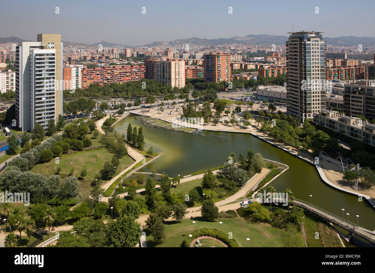 Luftaufnahme des Parc Diagonal Mar, Barcelona Stockfoto