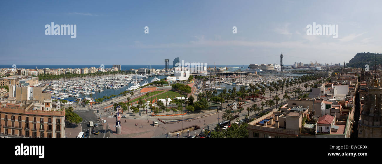 Panoramablick über den Port Vell, Maremagnum Viertel von Barcelona Stockfoto