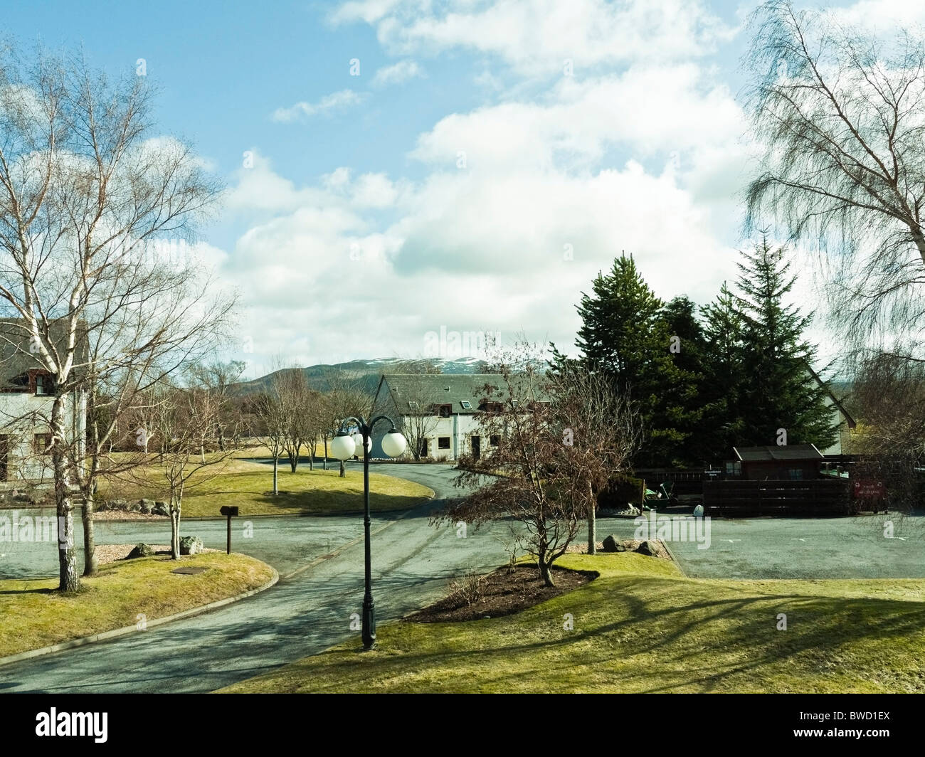Scandinavian Village Resort im Winter, Aviemore, Cairngorms, Schottland, Vereinigtes Königreich Stockfoto