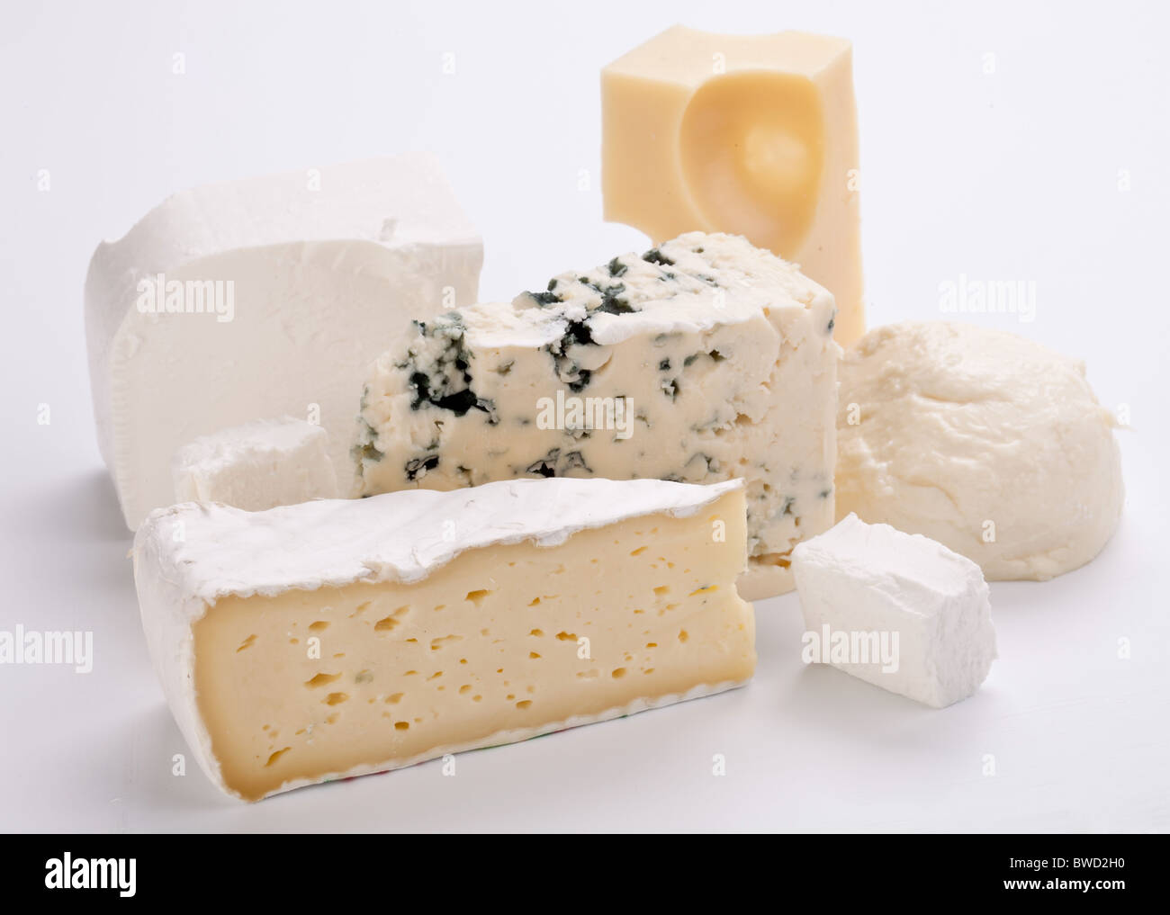 Verschiedene Arten von Käse auf einem weißen Hintergrund. Stockfoto