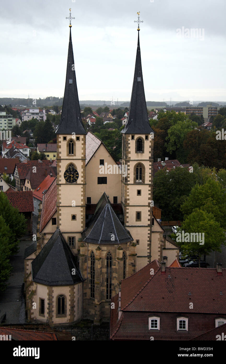 Blick auf die Stadtkirche, Bad Wimpfen, aus Blauer Turm, Blauer Turm, Deutschland Stockfoto