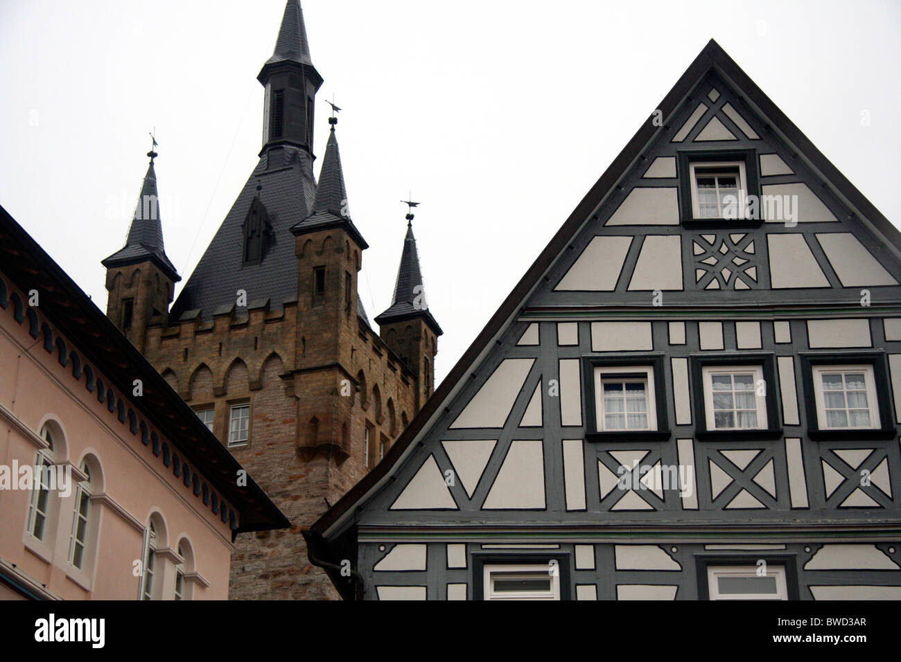 Blauer Turm, blaue Turm, halb Fachwerkhaus, mittelalterliche Stadt Bad Wimpfen, Deutschland Stockfoto