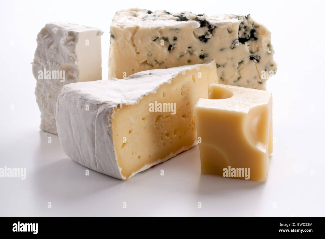 Verschiedene Arten von Käse auf einem weißen Hintergrund. Stockfoto