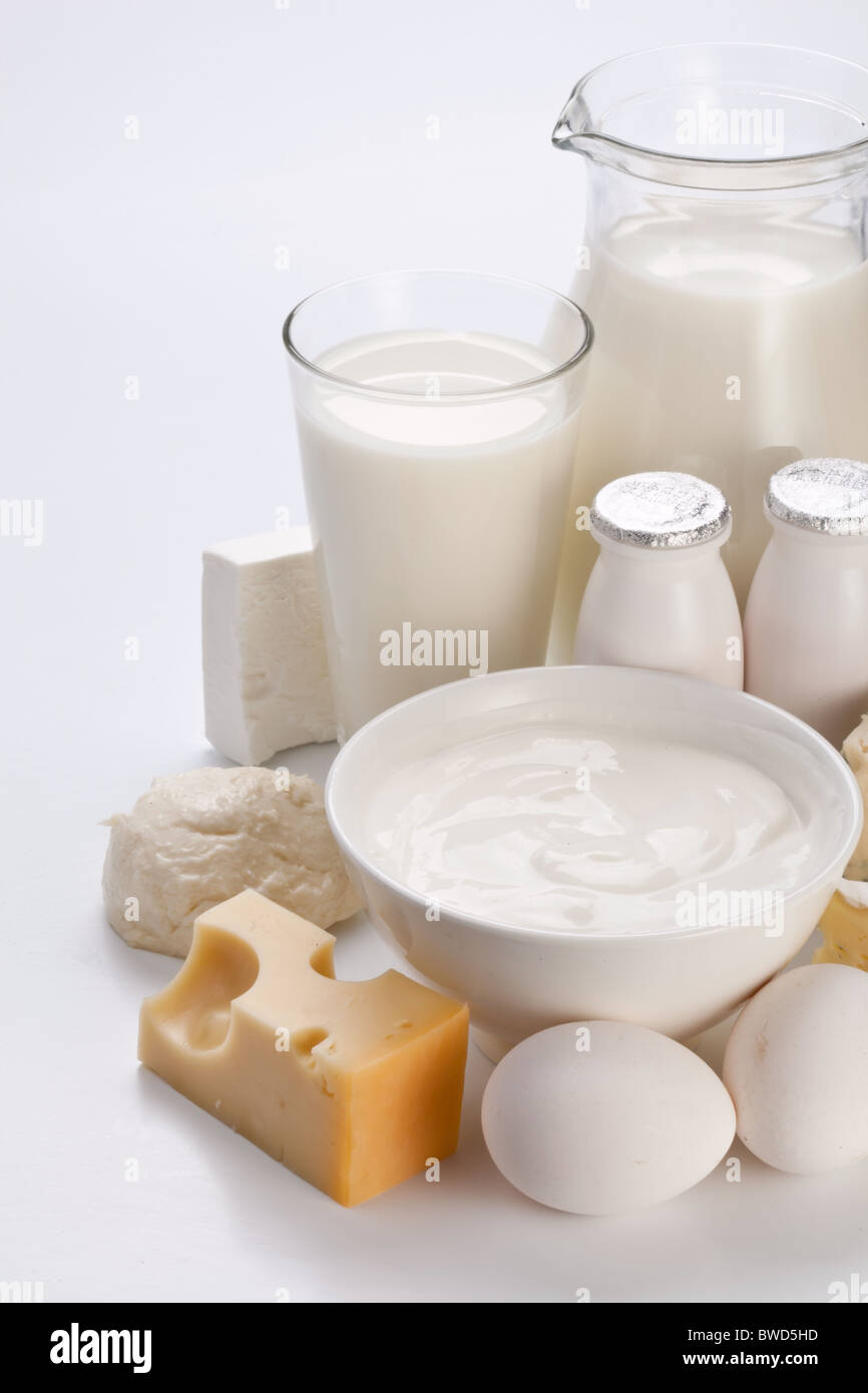 Protein-Produkte: Käse, Sahne, Milch, Eiern. Auf einem weißen Hintergrund. Stockfoto