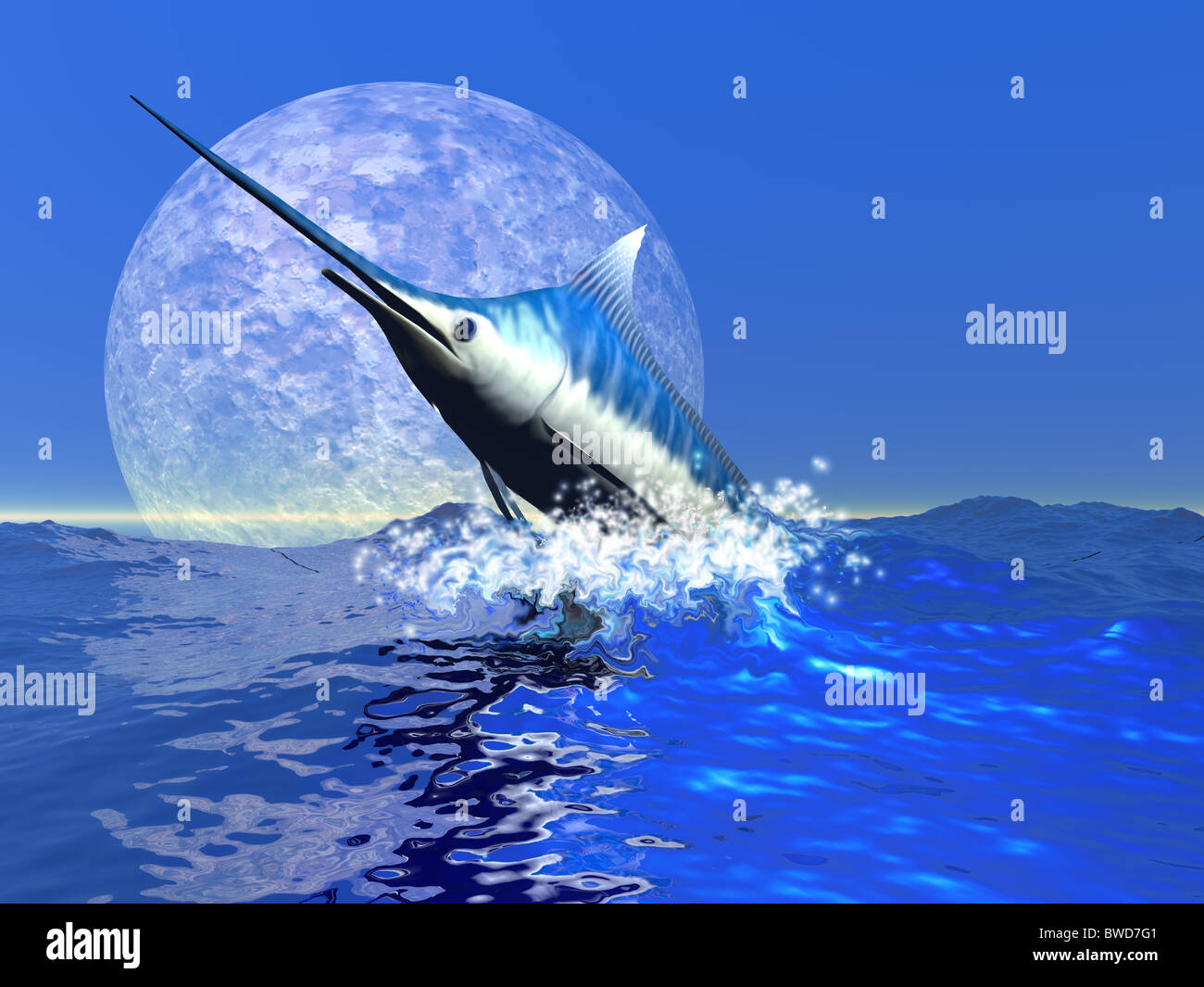 Billfish - ein Blue Marlin platzt aus dem Ozean in einem großen Wasser. Stockfoto