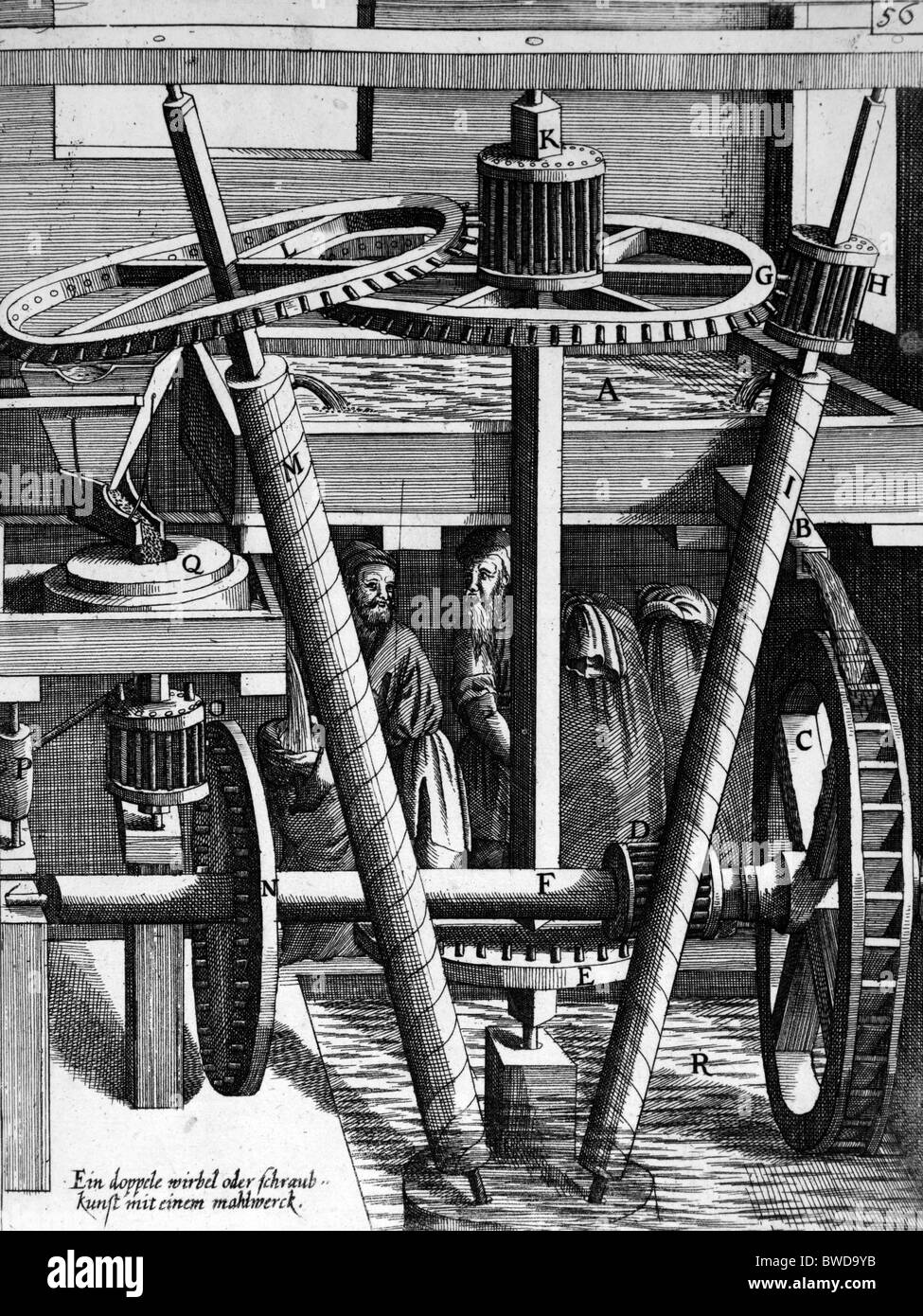 Illustration von Theatrum Machinarum Novum 1661 durch Georg Andreas Böckler; Eine Getreidemühle, angetrieben durch ein Wasserrad angetrieben Stockfoto