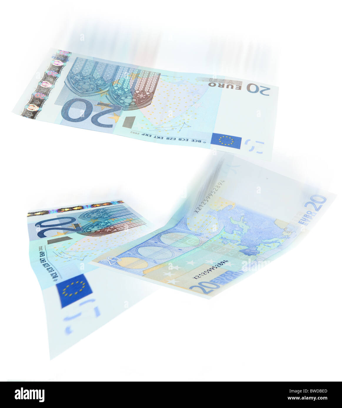 €20-Euro-Banknoten fallen, ausschneiden. Stockfoto