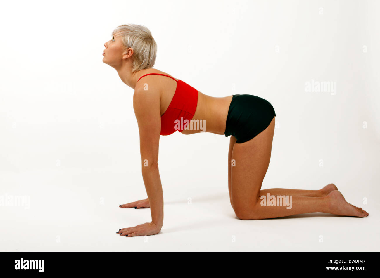 Yogaposition. Stretching im Rahmen einer Routine-Übung. Gesundheit und Wohlbefinden. Stressabbau Stockfoto
