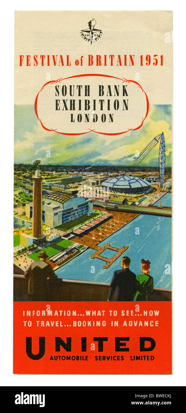 Prospekt von United Werbung Busreisen aus NE England das Festival of Britain South Bank Ausstellung, London, 1951 Stockfoto