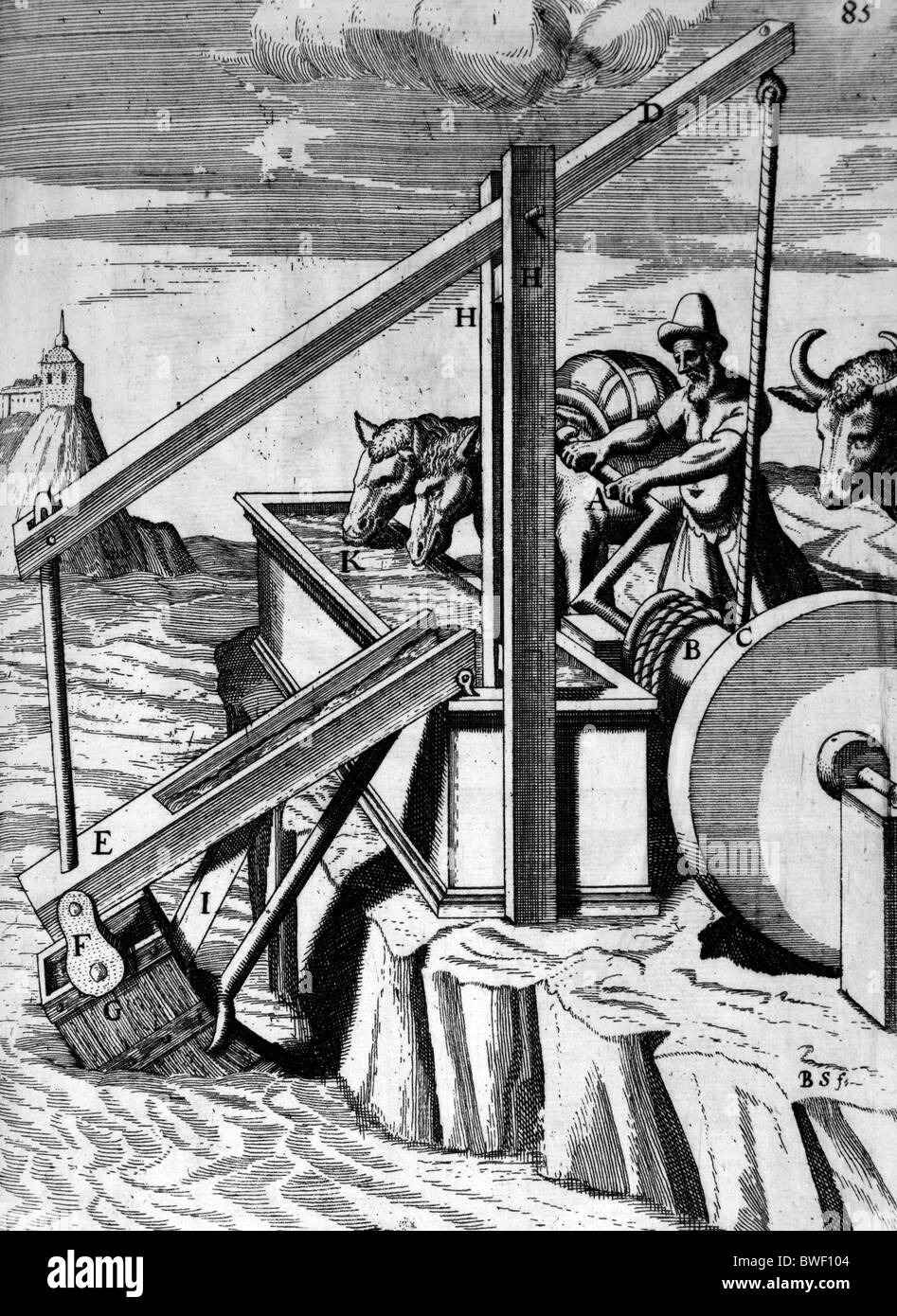 Illustration von Theatrum Machinarum Novum 1661 durch Georg Andreas Böckler; Eine handbetriebene Flaschenzug und Hebel-system Stockfoto