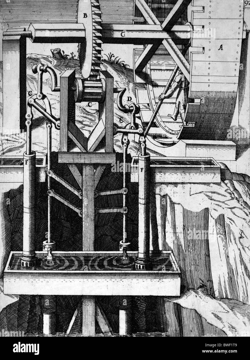 Illustration von Theatrum Machinarum Novum 1661 durch Georg Andreas Böckler; Eine menschliche angetriebene Bewässerung Pumpe Stockfoto