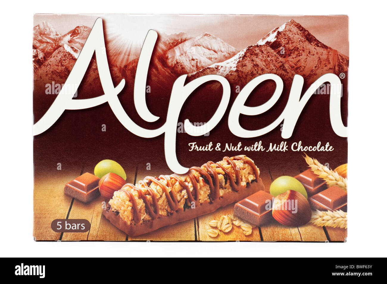 Schachtel 5 Alpen Frucht und Nuss Schoko-Riegel Stockfoto