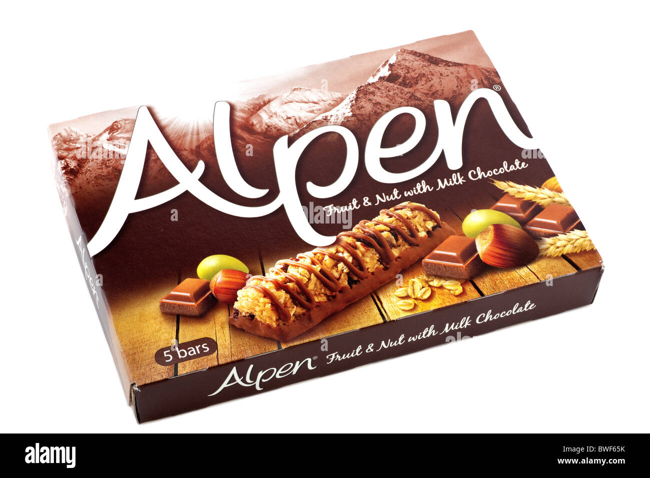 Schachtel 5 Alpen Frucht und Nuss Schoko-Riegel Stockfoto