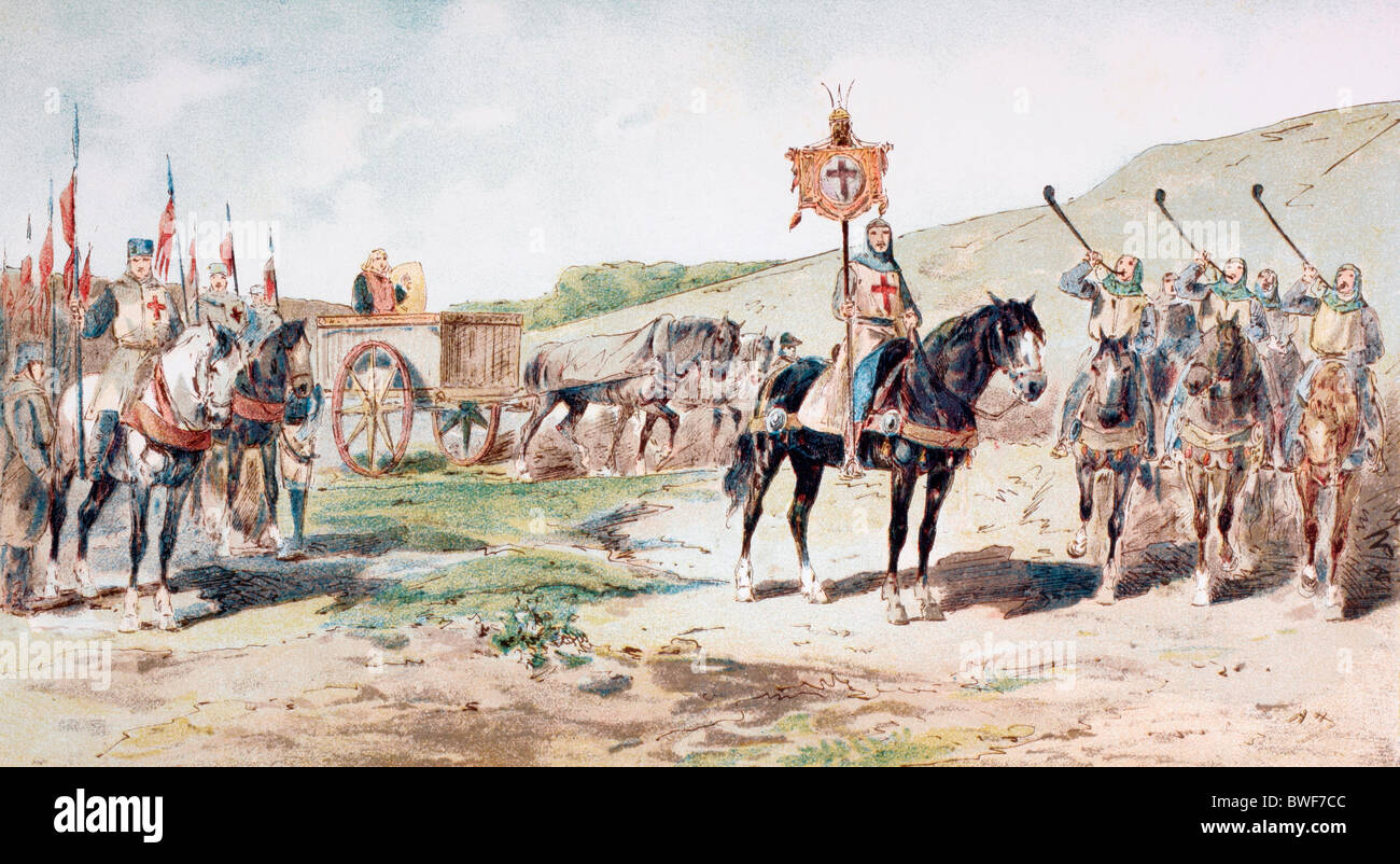 Kreuzfahrer auf dem Marsch im 11. Jahrhundert mit einem Pferd gezogen Versorgung Wagen. Stockfoto
