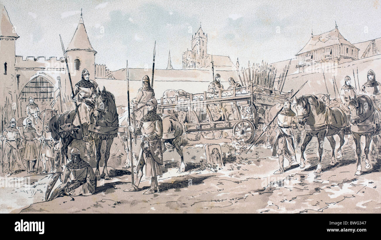 Reiterei und Fußvolk mit Pferd gezeichneten Wagen Tragarmen und Versorgung während des 13. Jahrhunderts. Stockfoto