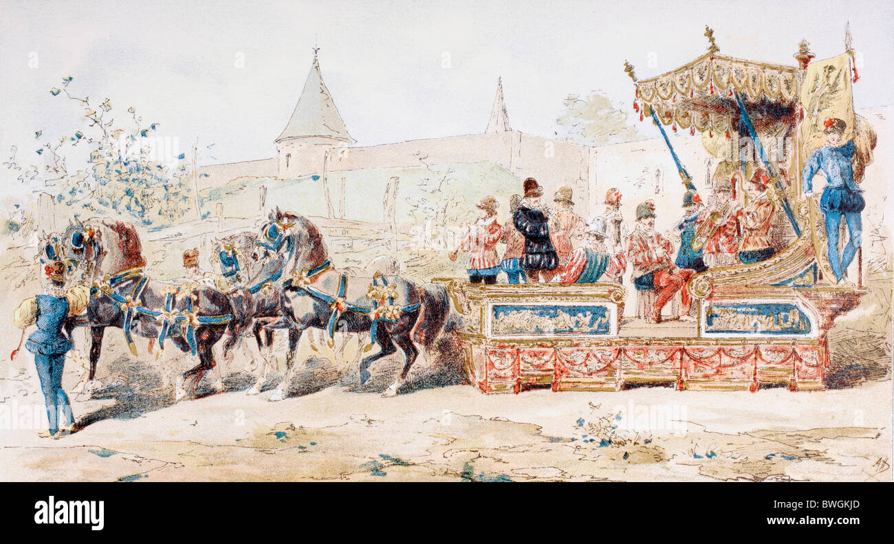 Pferdekutsche dekorierten Wagen mit professionellen Musikern. 16. Jahrhundert. Stockfoto
