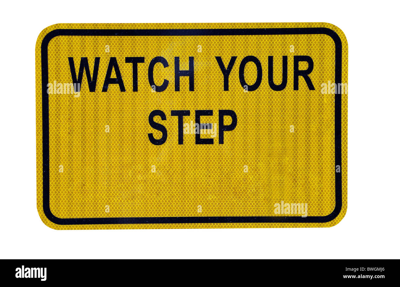 "Watch Your Step" melden Sie isolierten auf weißen Hintergrund mit Beschneidungspfad. Stockfoto