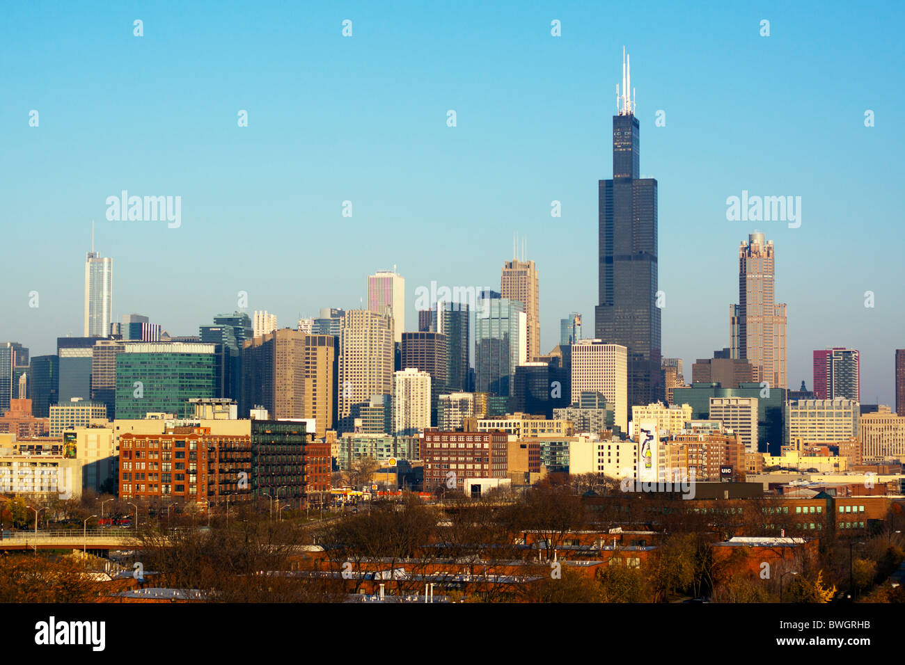 Die Sears/Willis Tower dominiert die Skyline von Chicago in dieser Saison Herbst-Ansicht von der Westseite der Stadt. Stockfoto