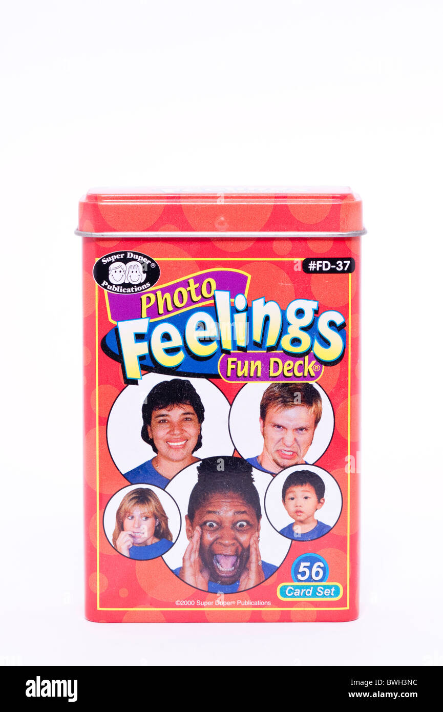 Eine pädagogische Spiel namens Gefühle Fotospaß deck auf einem weißen Hintergrund Stockfoto