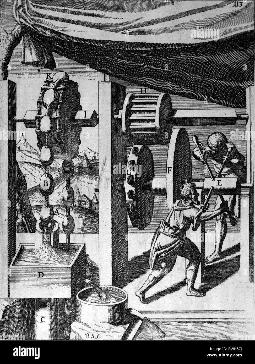 Illustration von Theatrum Machinarum Novum 1661 durch Georg Andreas Böckler; Eine Hand betriebene Spülpumpe Stockfoto