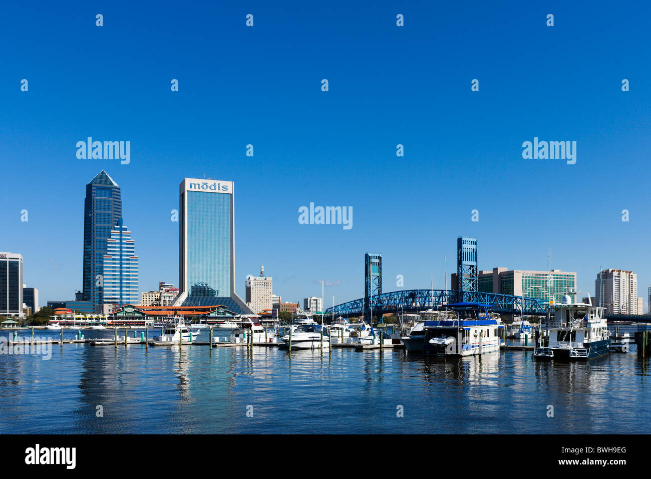 Blick auf die Skyline der Innenstadt aus über die St. Johns River, Jacksonville, Florida, USA Stockfoto
