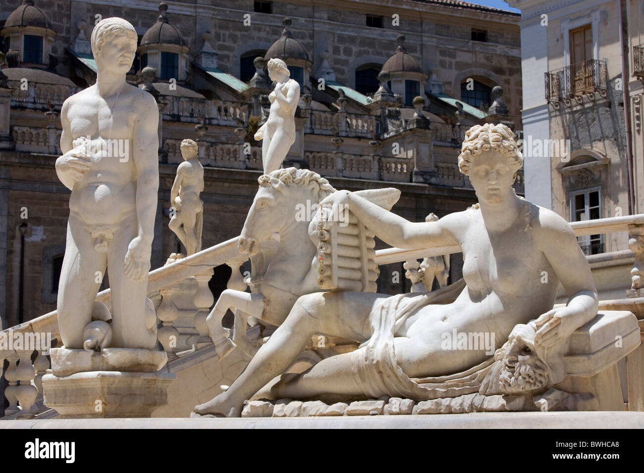 Piazza Pretoria Square, Fontana Pretoria, Brunnen, Palermo, Sizilien, Italien, Europa Stockfoto