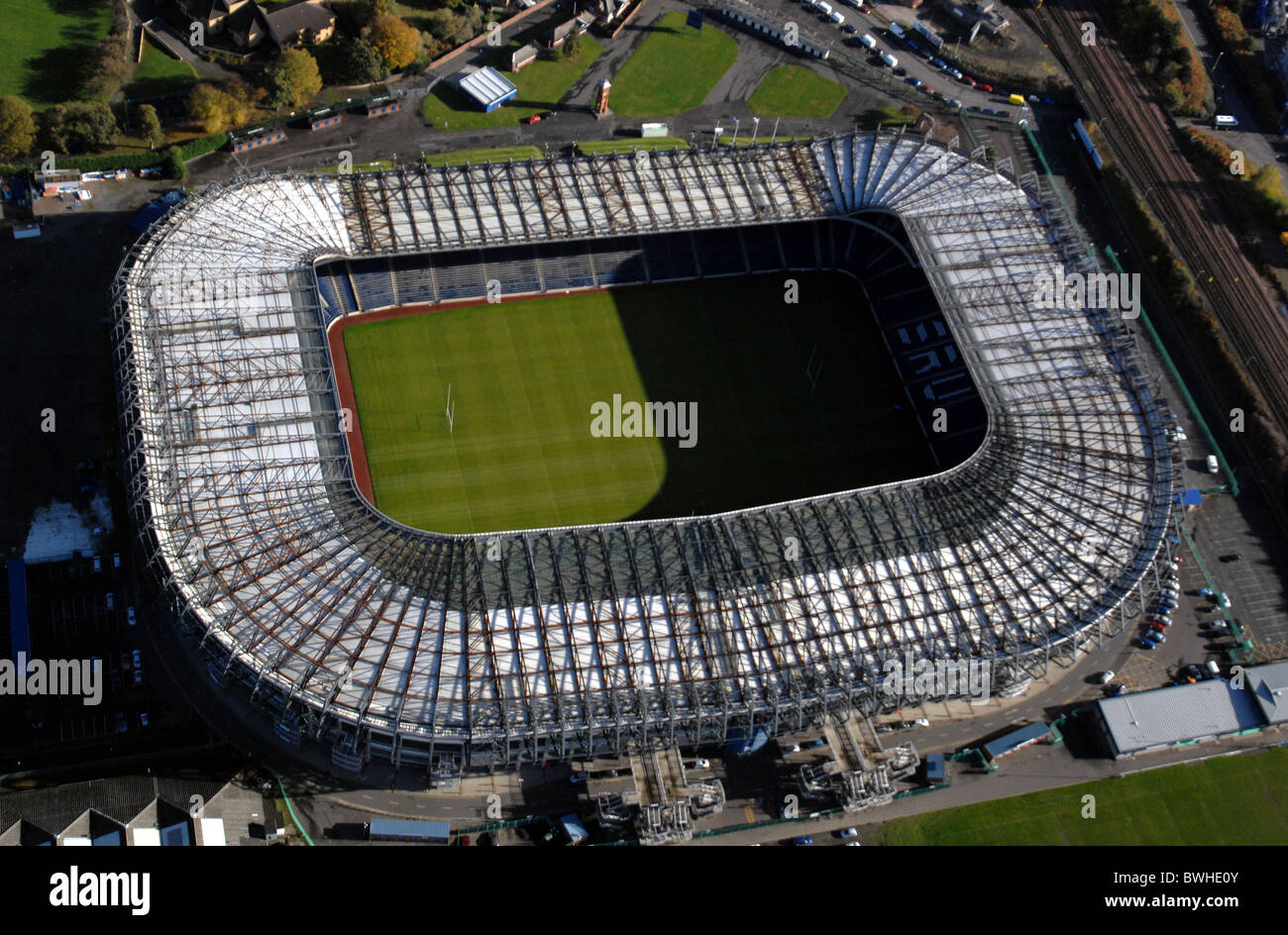 Luftaufnahme des Murrayfield Rugby-Stadion im schottischen Edinburgh. Stockfoto