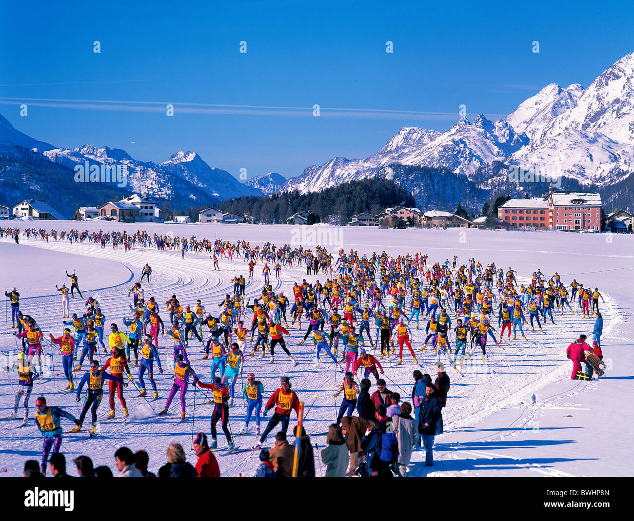 Schweiz Europa Engadiner Ski Marathon Langlauf Langlauf Marathon Engadin oberen En Stockfoto