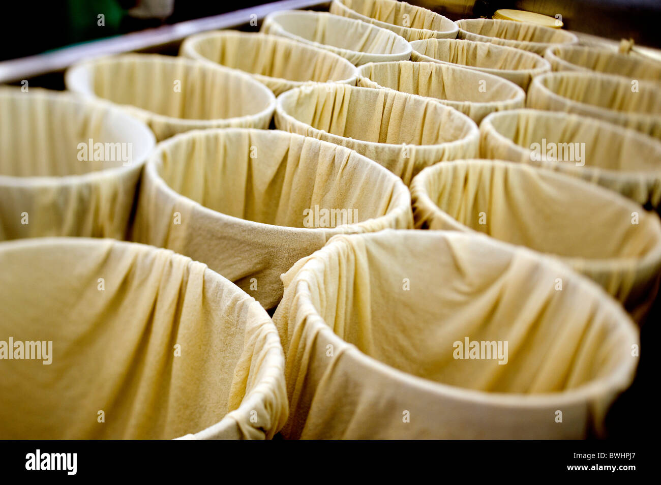 Baumwolltuch in Käseformen warten auf Käse Quark am traditionellen Käserei Quickes, Devon Stockfoto