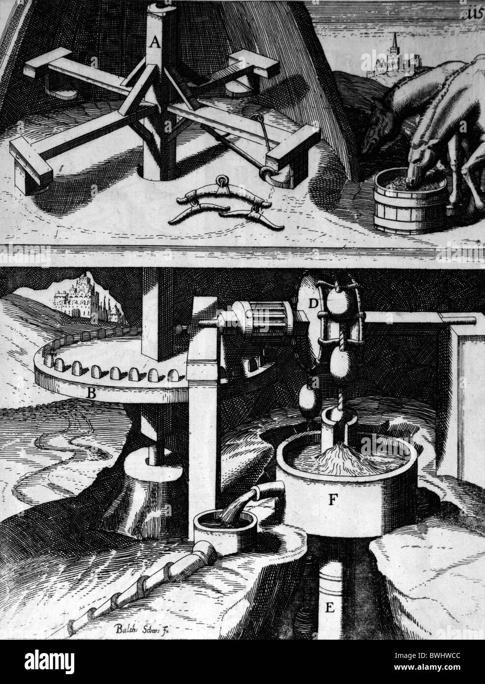 Illustration von Theatrum Machinarum Novum 1661 durch Georg Andreas Böckler; Ein Pferd-angetriebene Bewässerung-Pumpe Stockfoto