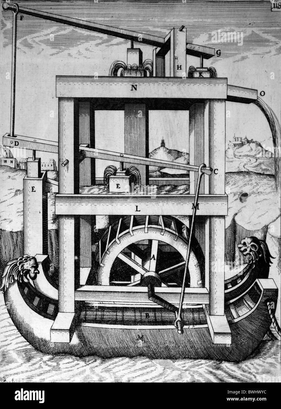 Illustration von Theatrum Machinarum Novum 1661 durch Georg Andreas Böckler; Eine Bewässerung Pumpe angetrieben durch ein Wasser angetriebene Rad Stockfoto