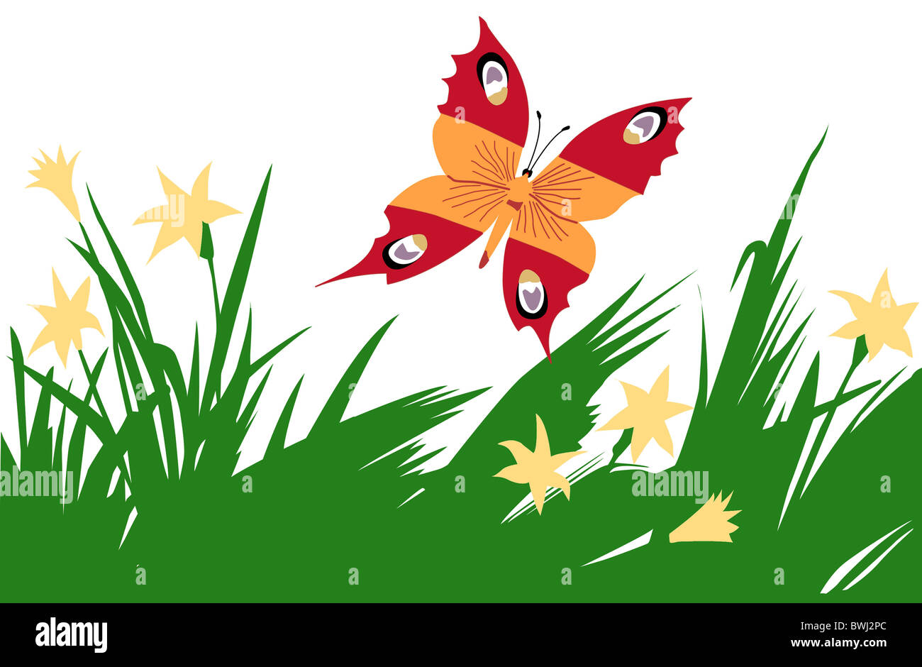 Abbildung des Schmetterlings unter Blume Stockfoto