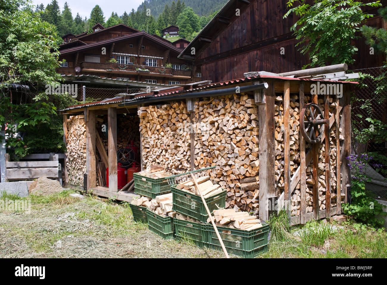 Brennholz und ordentlich für den Winter in den Schweizer Alpen gespeicherten Protokolle Stockfoto