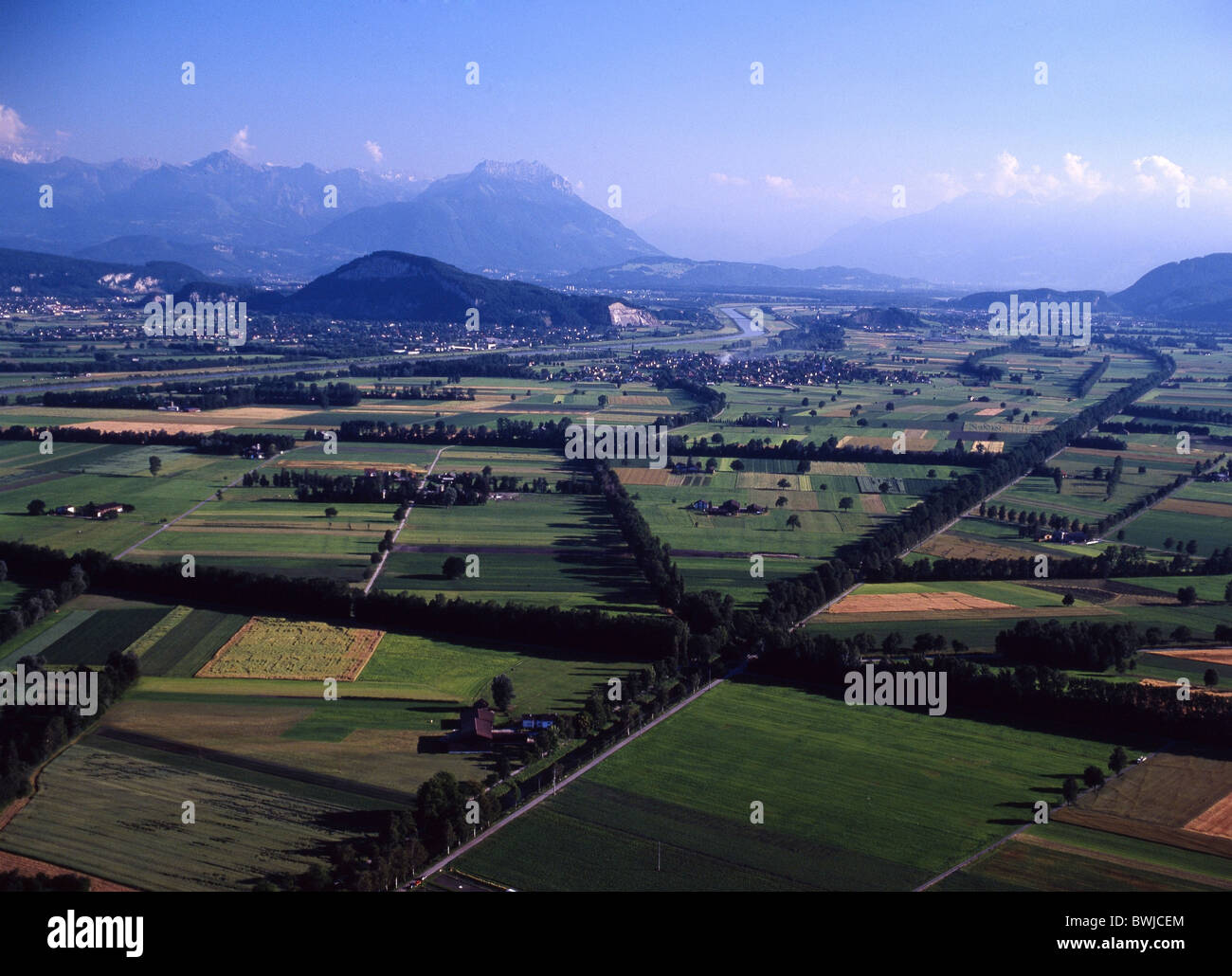 Übersicht St. Gallen Rhein Tal Balgacher-Riet Felder Rhein Landschaft Landschaft Kanton St. Gallen Schweiz E Stockfoto