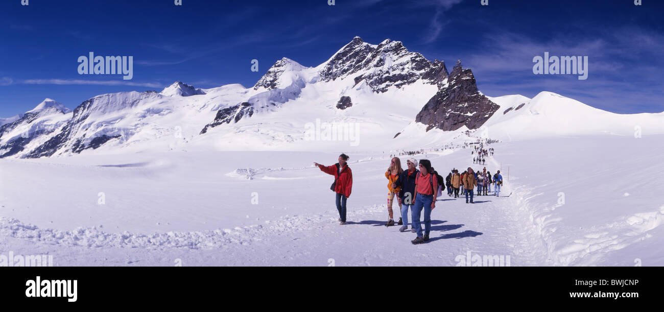 Jungfraujoch Aletsch-Gletscher-Personen-Gruppen zu Fuß Wandern Gletscher winter Schnee Berge Alpen Wallis Stockfoto