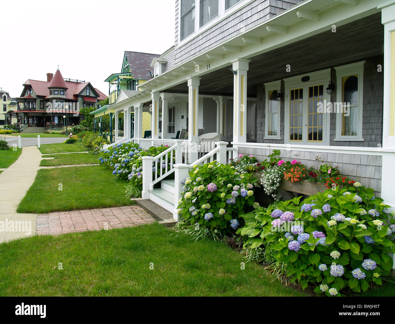 Saisonale Wohnungen im Ocean Park in Oak Bluffs, Martha's Vineyard, Massachusetts Stockfoto
