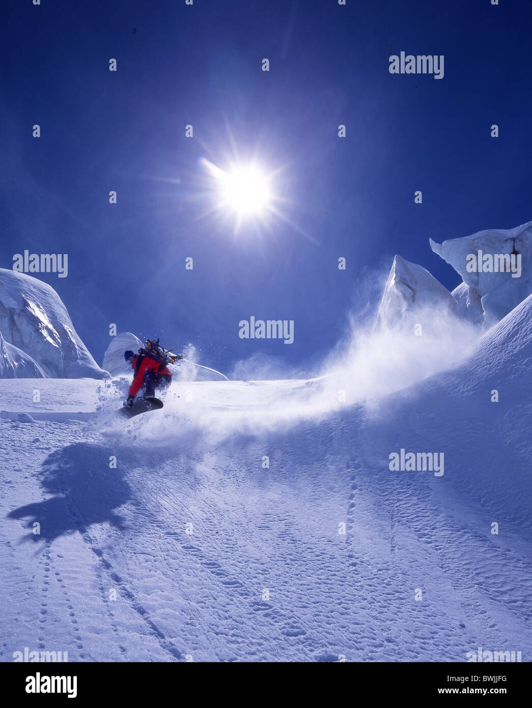 Snowboarder Snowboard Snowboarding Gletscher Eis Tiefschnee Freeriden Wintersport Berge Alpen Schnee wint Stockfoto