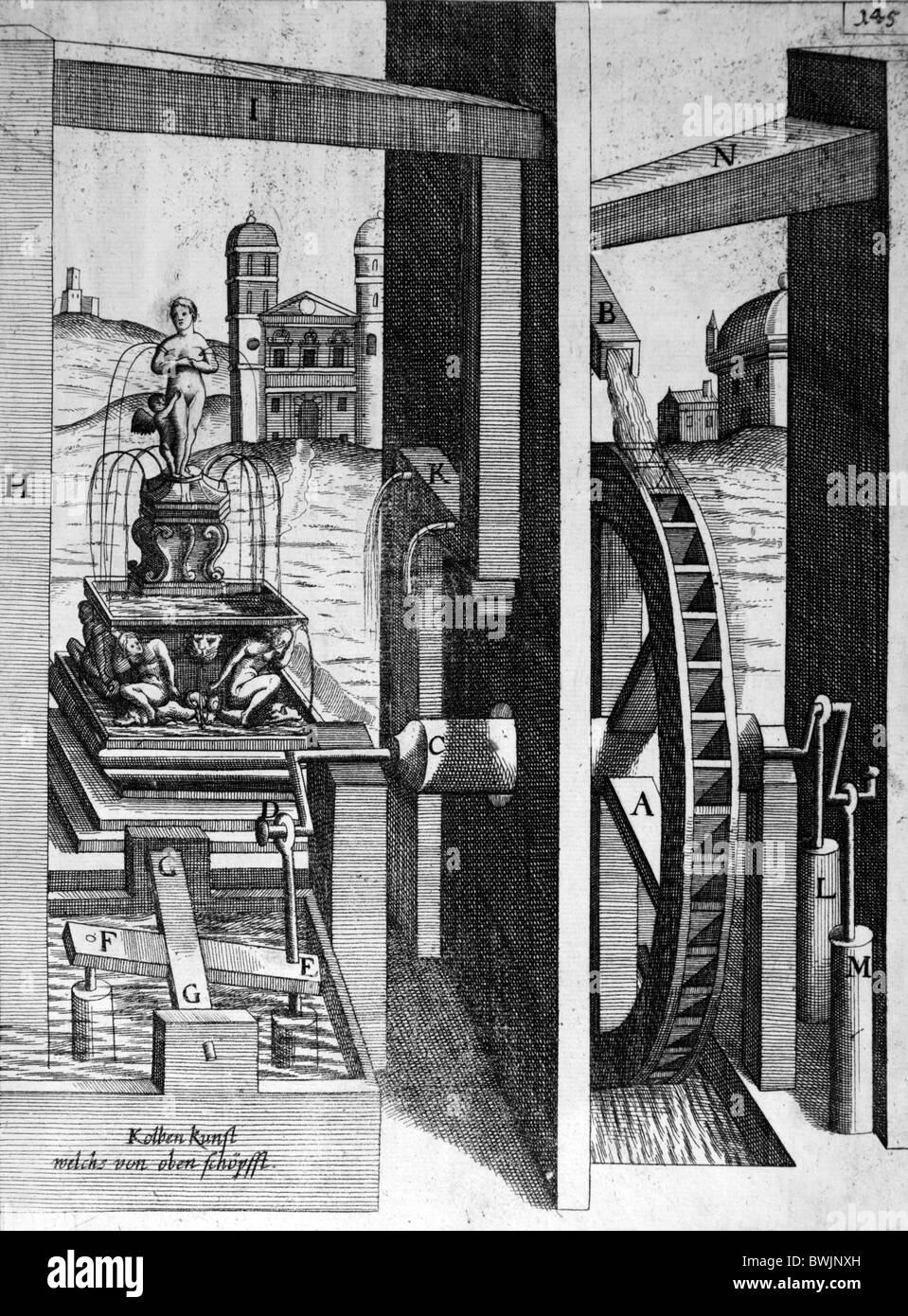 Illustration von Theatrum Machinarum Novum 1661 durch Georg Andreas Böckler; Eine Wasser angetriebene Pumpensystem für Brunnen Stockfoto