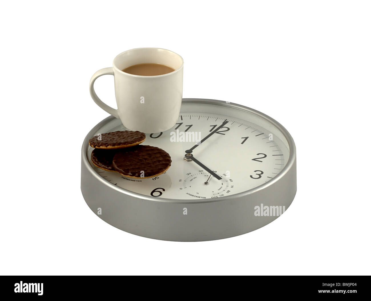 Am Nachmittag Tasse Tee, Uhr und Schokolade Verdauungs-Kekse Stockfoto