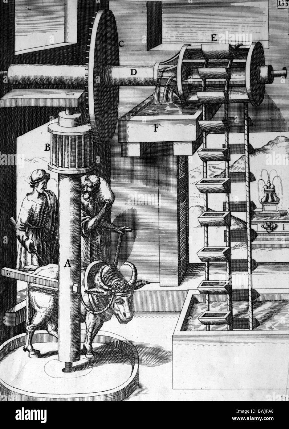 Illustration von Theatrum Machinarum Novum 1661 durch Georg Andreas Böckler; Ochsen angetrieben, Kette oder Seil Waschmaschine Pumpe oder paternoster Stockfoto