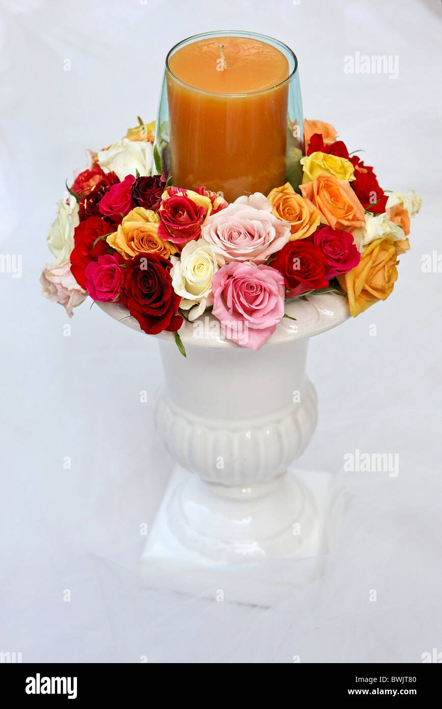 Rosen-Anordnung mit Kerze auf weiß Stockfoto