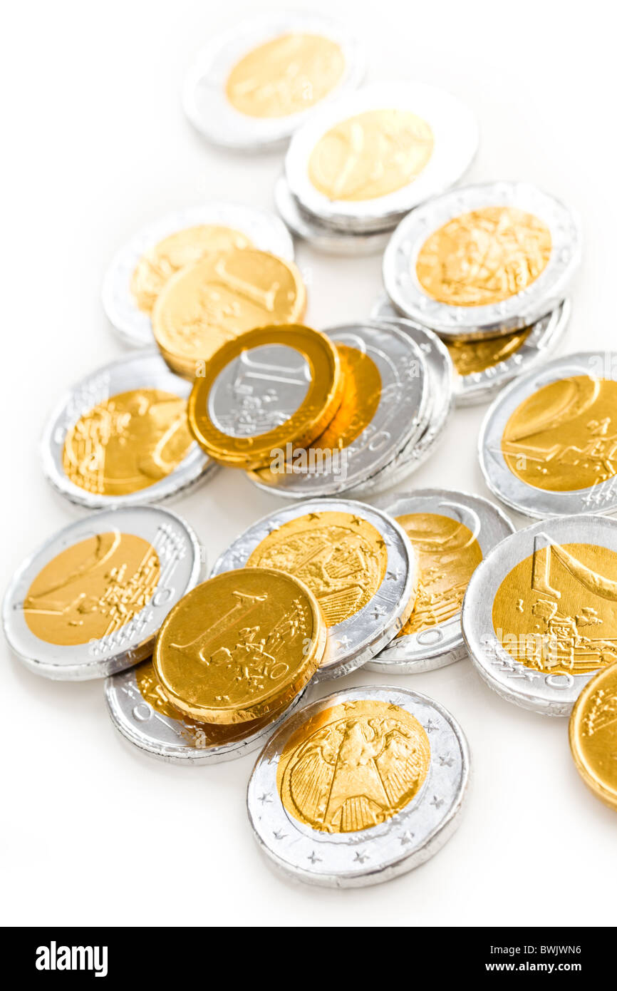 die Euro-Währung. Schokoladen-Münzen Stockfoto