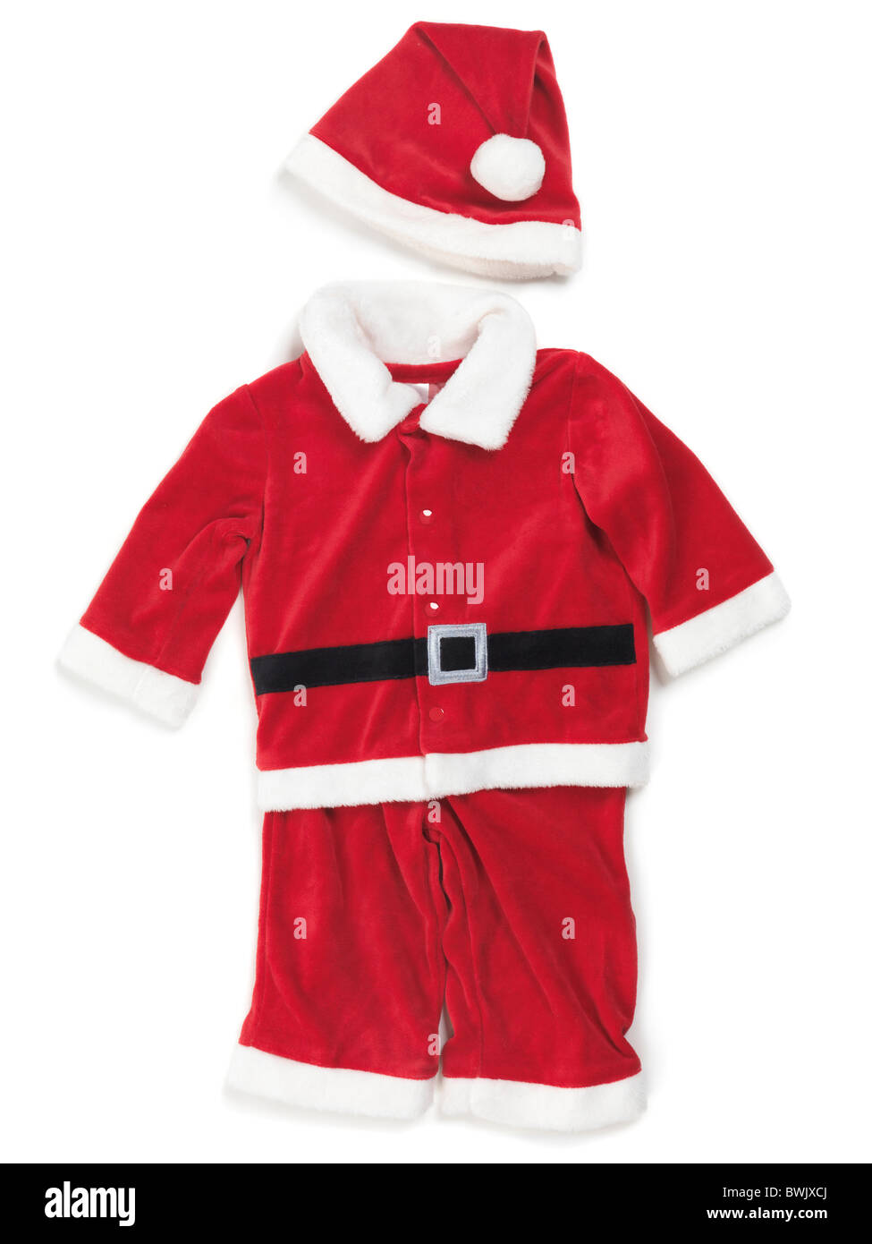 Rote Baby Santa Kostüm. Isolierte Outfit auf weißem Hintergrund. Stockfoto